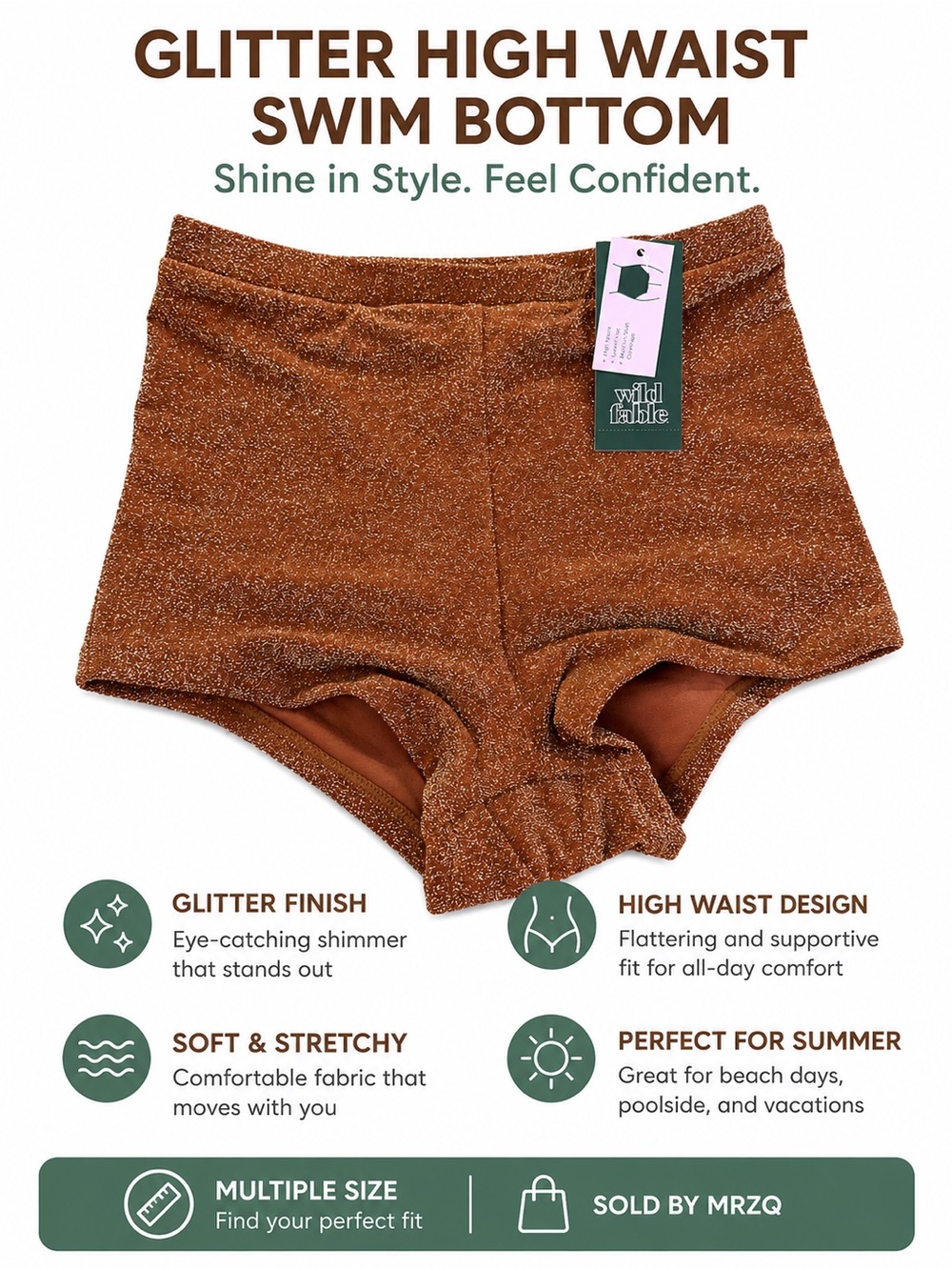 wild fable Copper Glitter High-Waist Swim Bottom